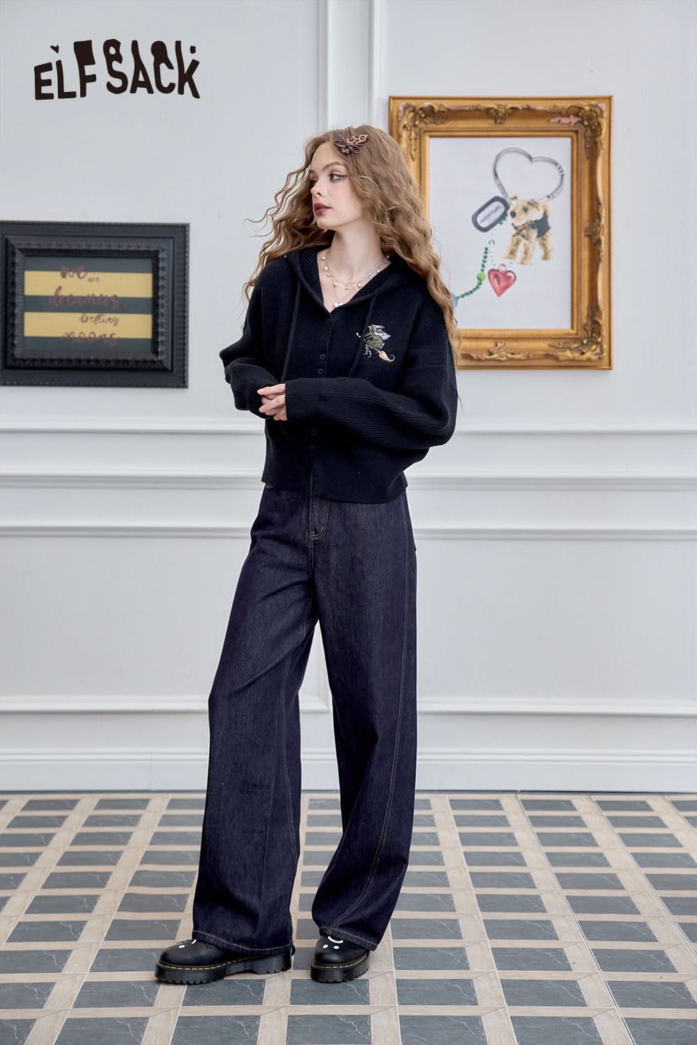 ELFSACK Retro American straight leg jeans, loose wide leg pants