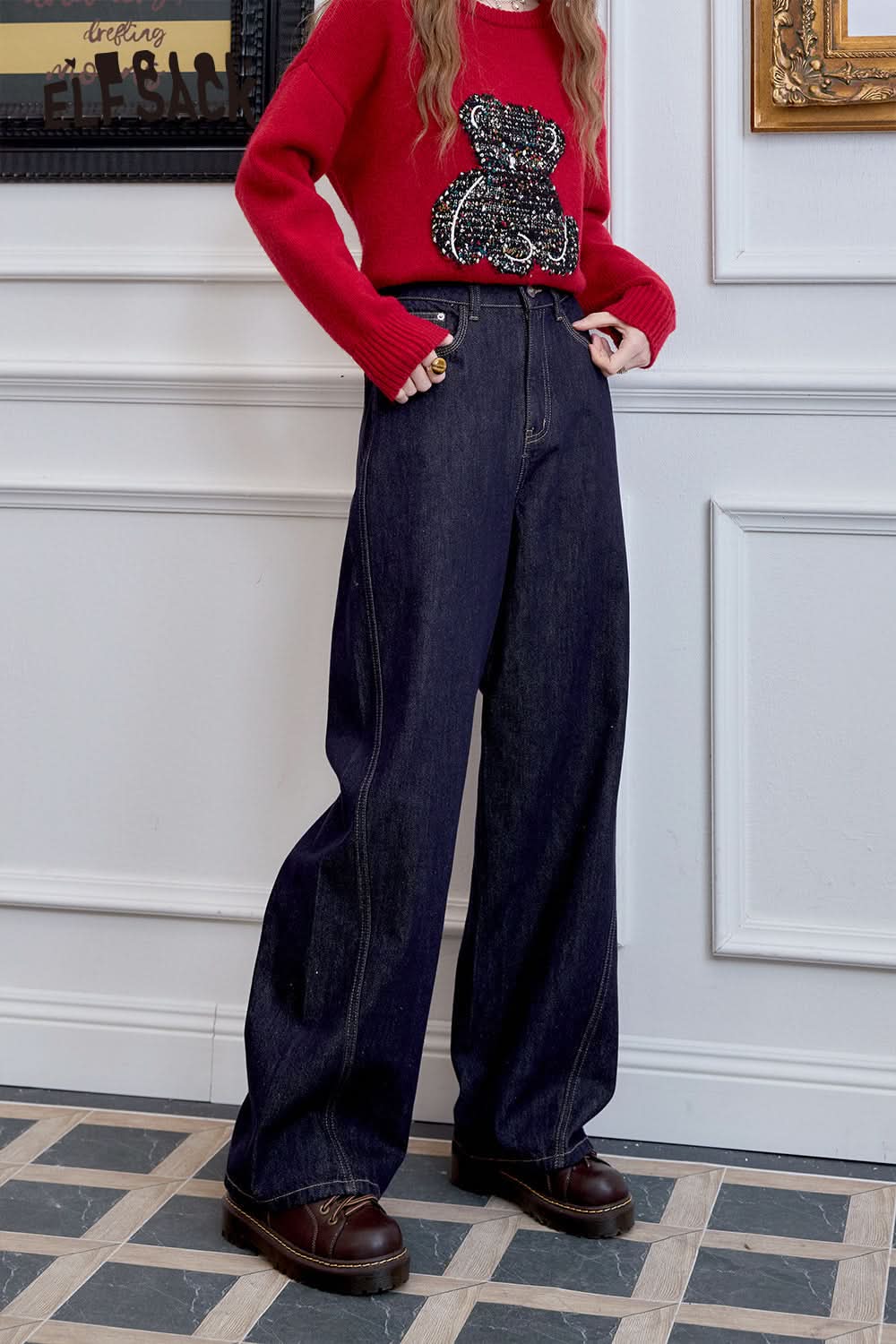 ELFSACK Retro American straight leg jeans, loose wide leg pants