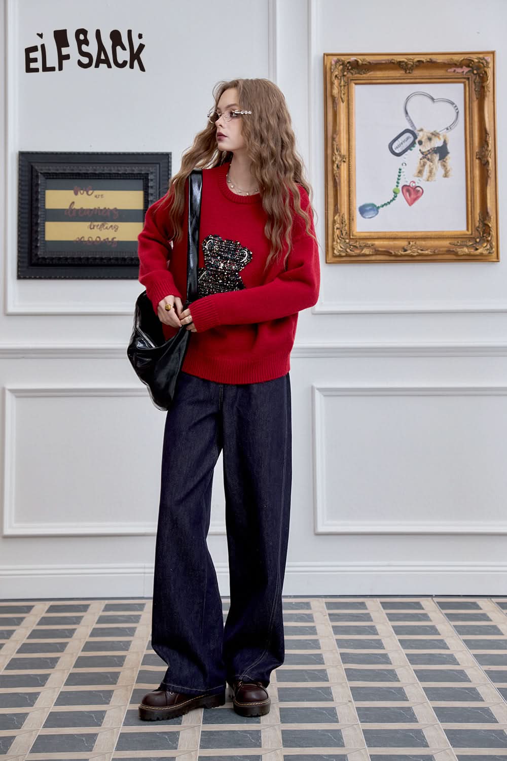 ELFSACK Retro American straight leg jeans, loose wide leg pants