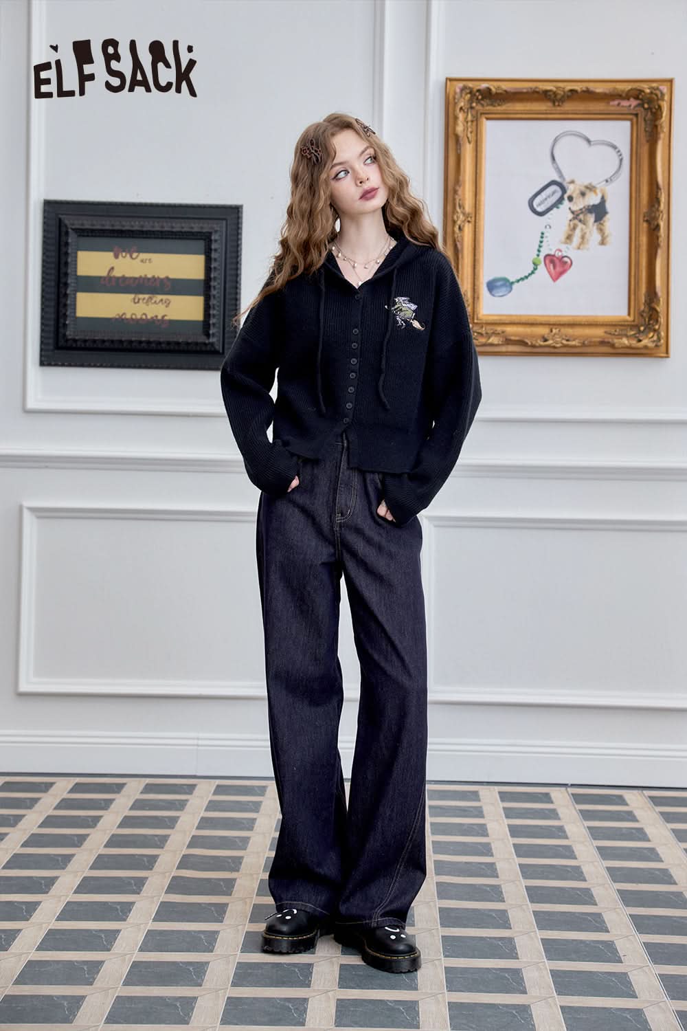 ELFSACK Retro American straight leg jeans, loose wide leg pants