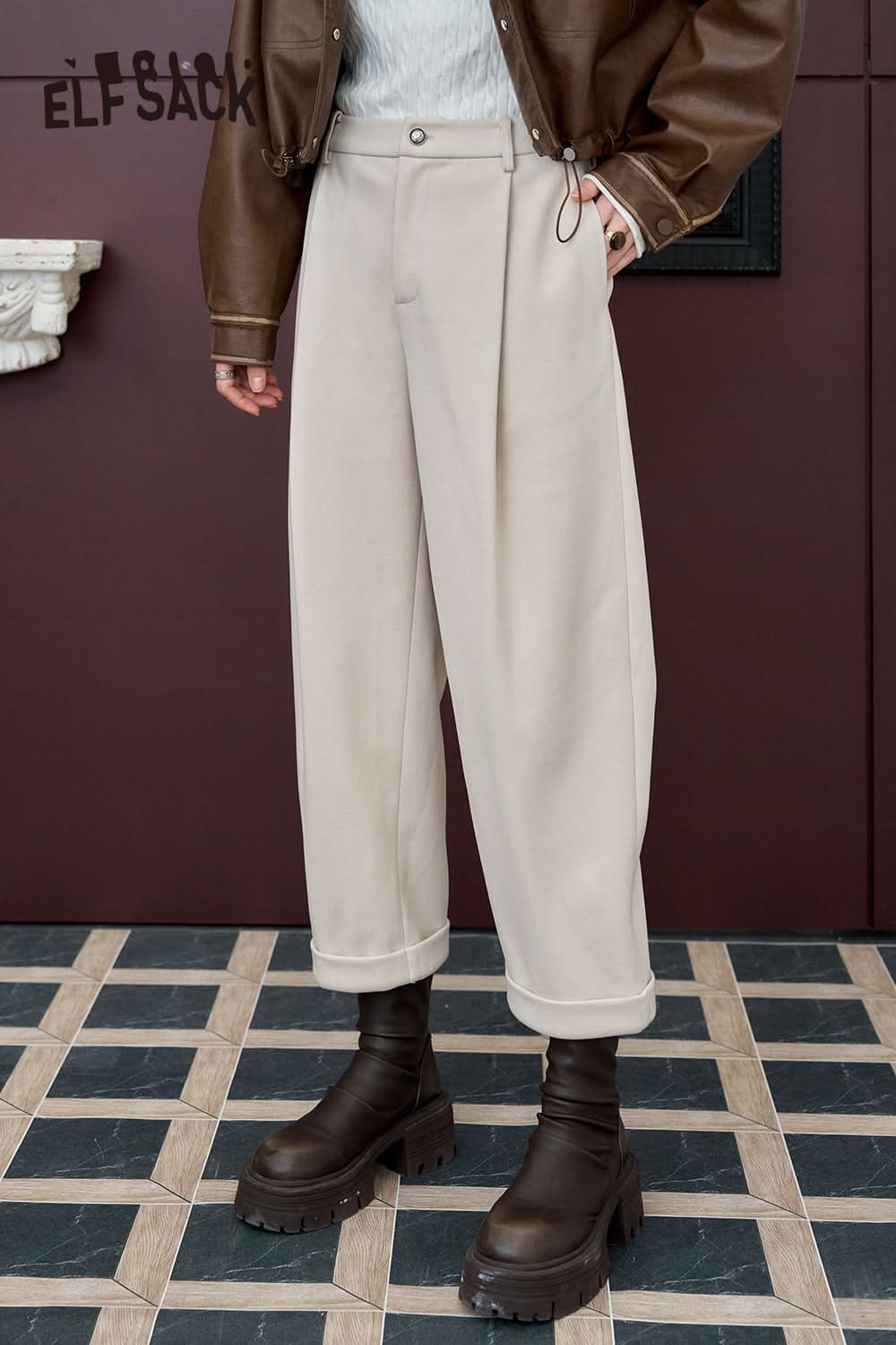 ELFSACK High waisted straight leg harem pants, casual loose nine quarter pants