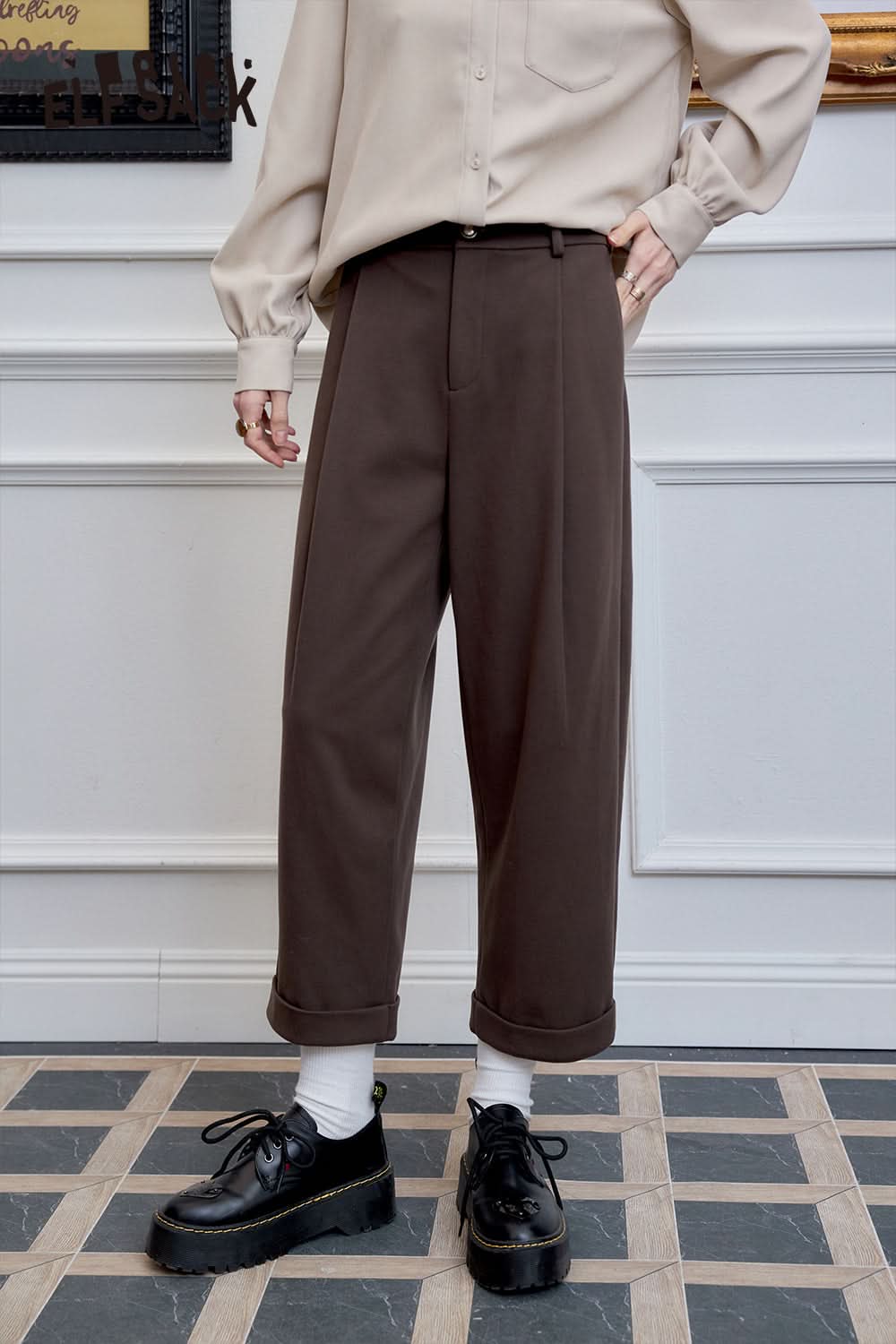 ELFSACK High waisted straight leg harem pants, casual loose nine quarter pants