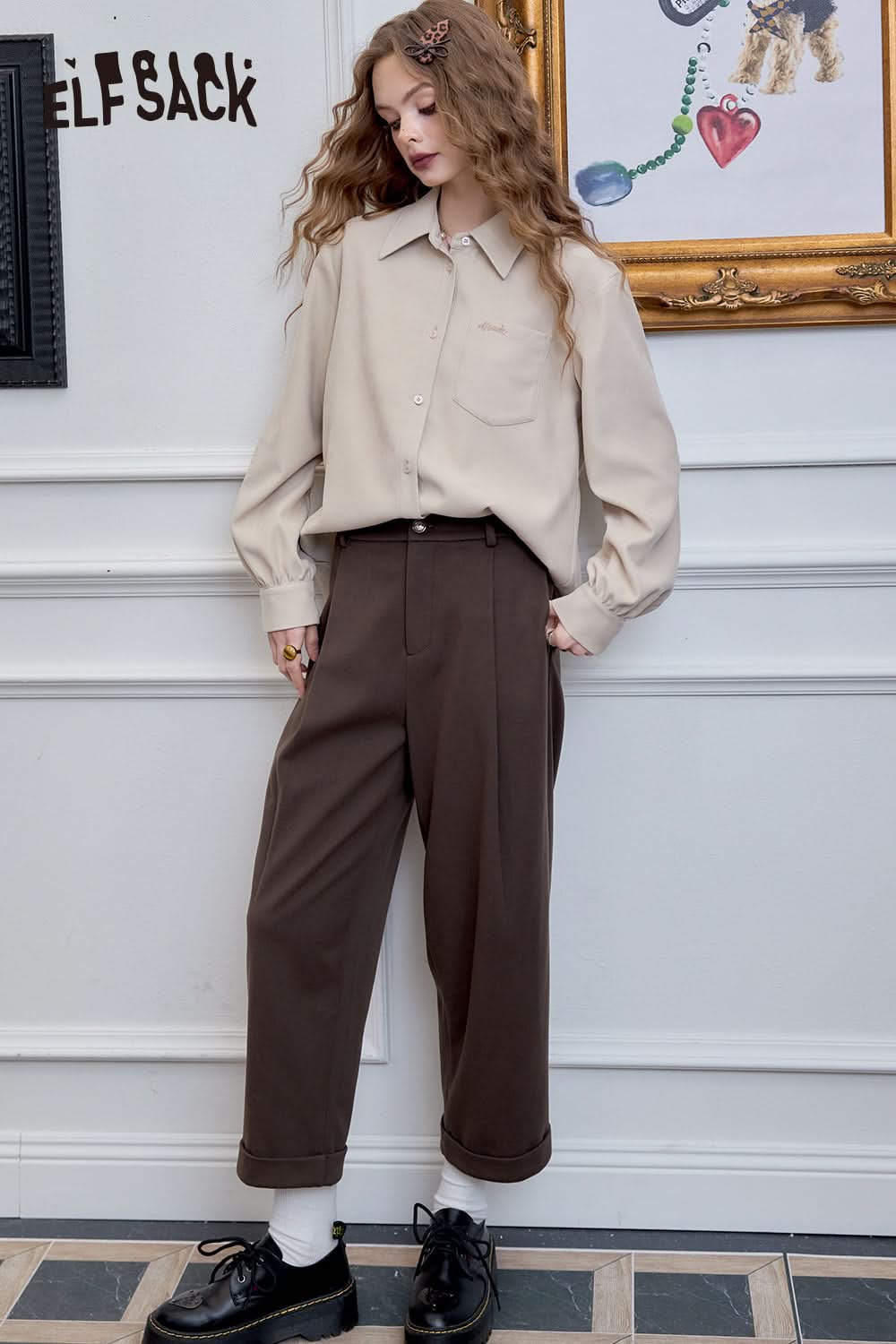 ELFSACK High waisted straight leg harem pants, casual loose nine quarter pants