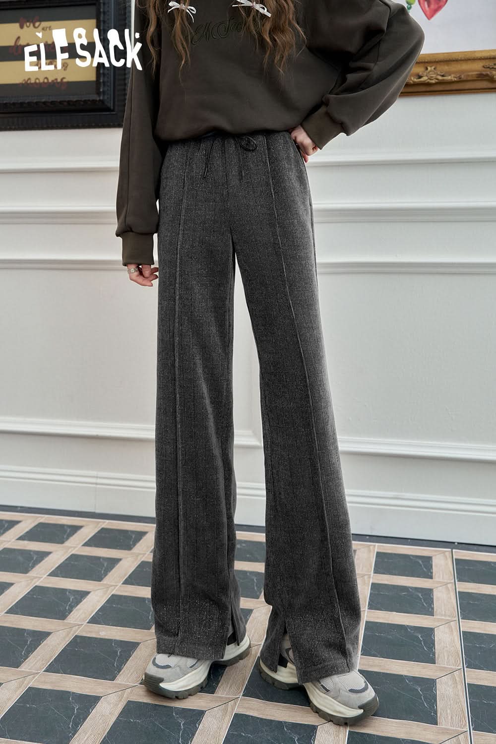 ELFSACK Dark gray versatile slit wide leg pants