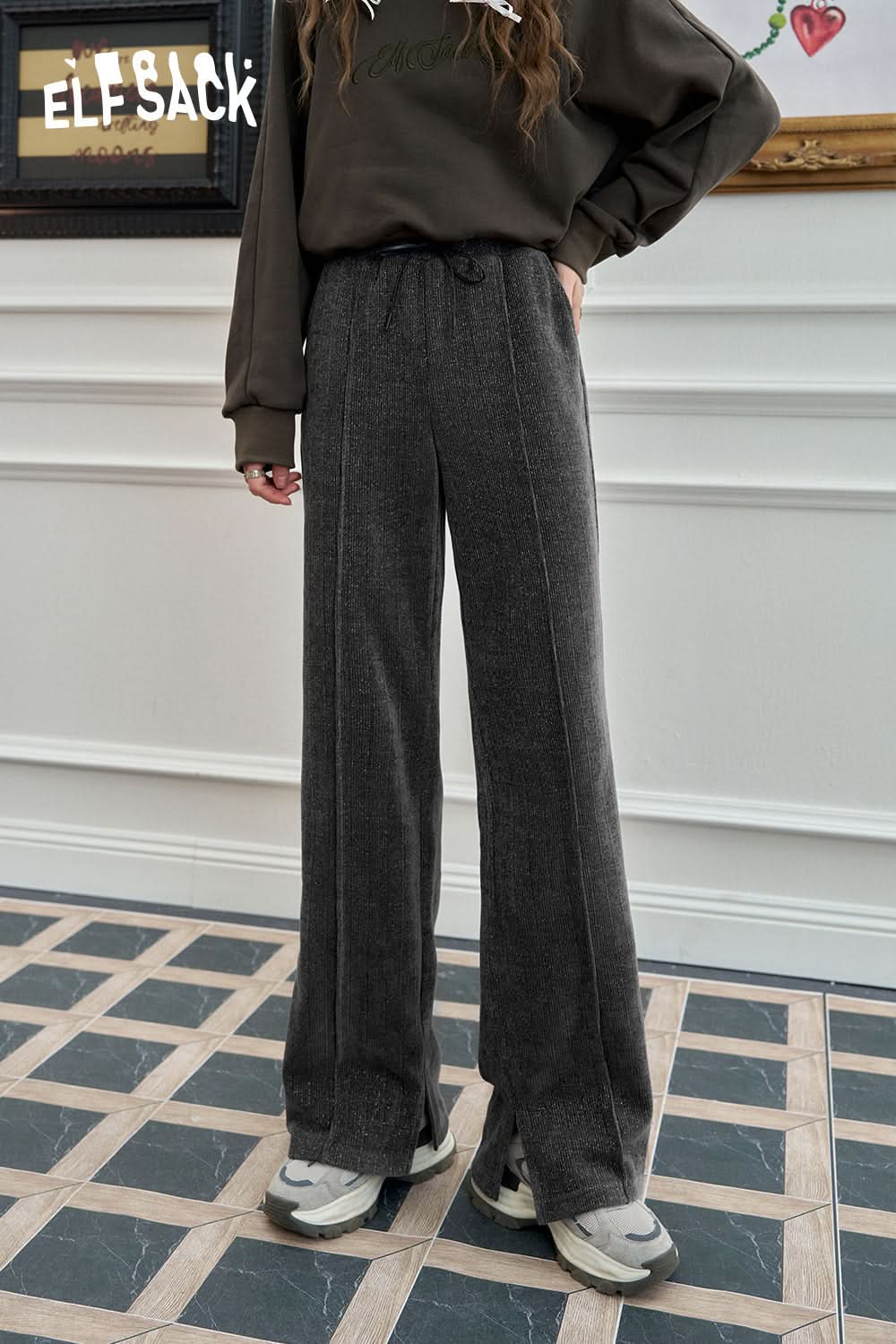 ELFSACK Dark gray versatile slit wide leg pants