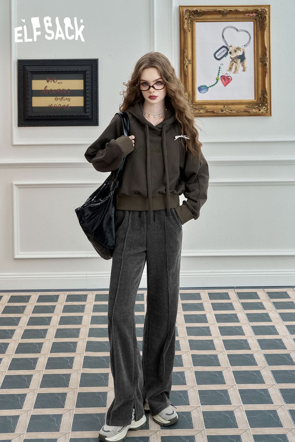 ELFSACK Dark gray versatile slit wide leg pants