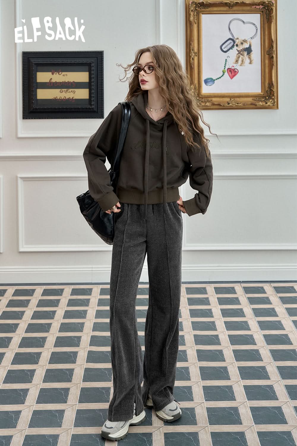 ELFSACK Dark gray versatile slit wide leg pants