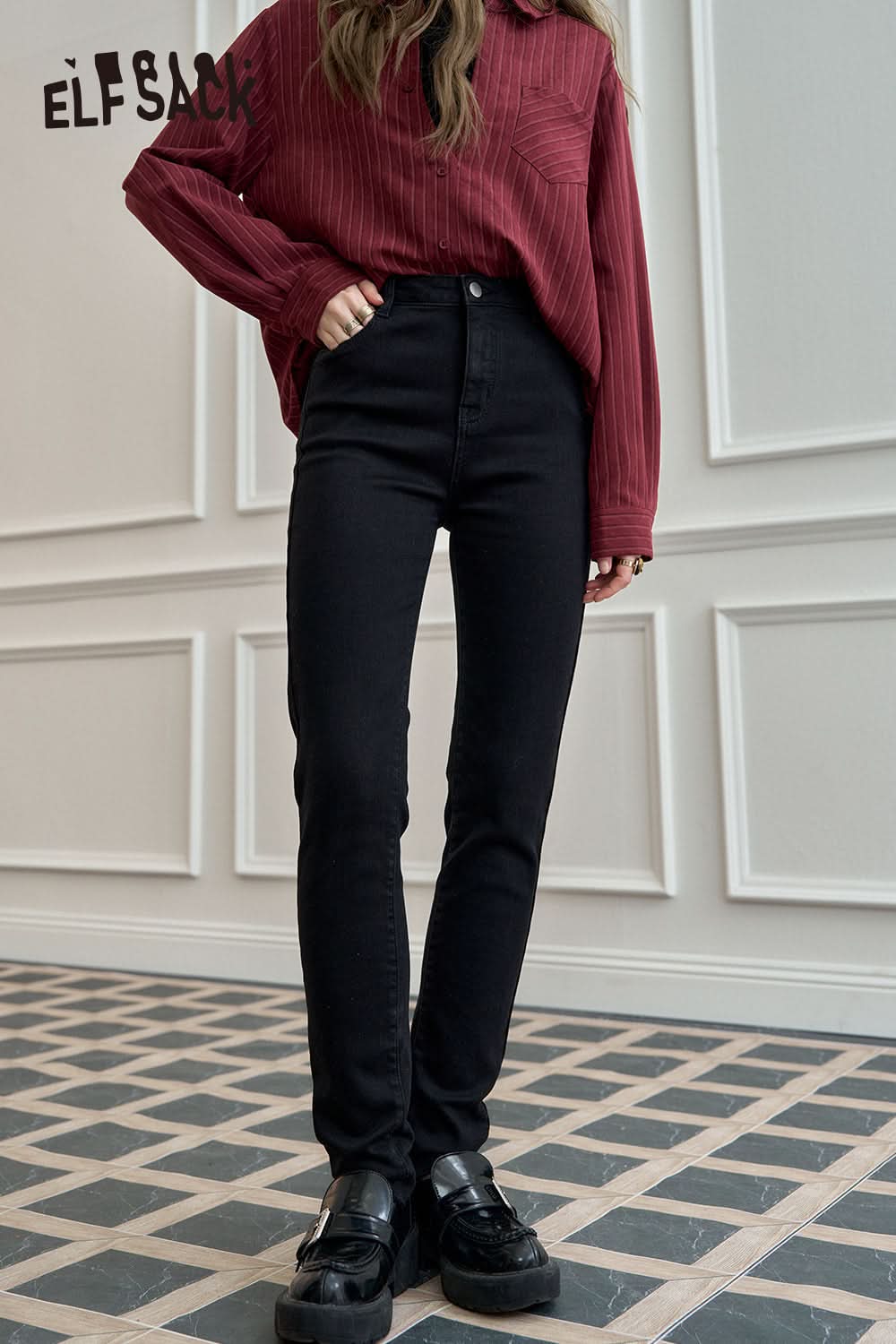 ELFSACK Black high waisted casual pants, versatile leggings