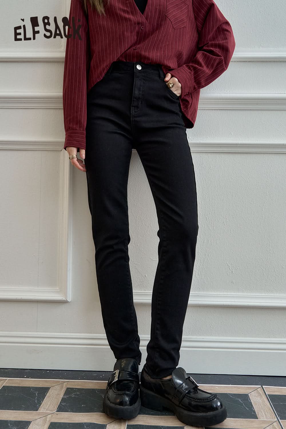 ELFSACK Black high waisted casual pants, versatile leggings