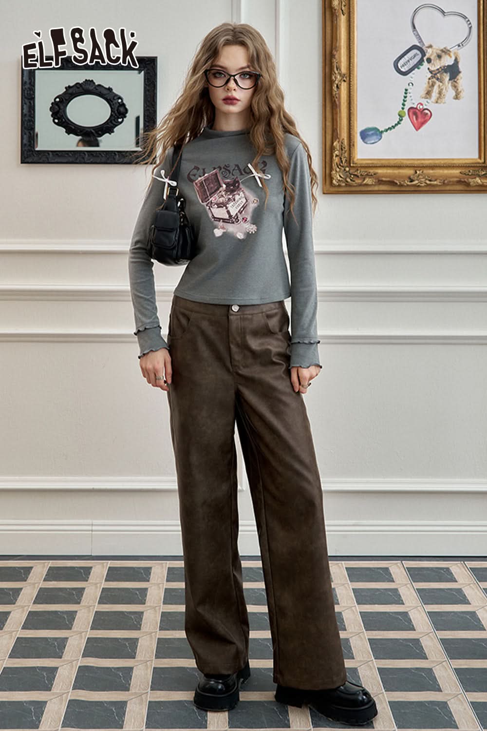 ELFSACK Retro coffee tie dye straight leg leather pants