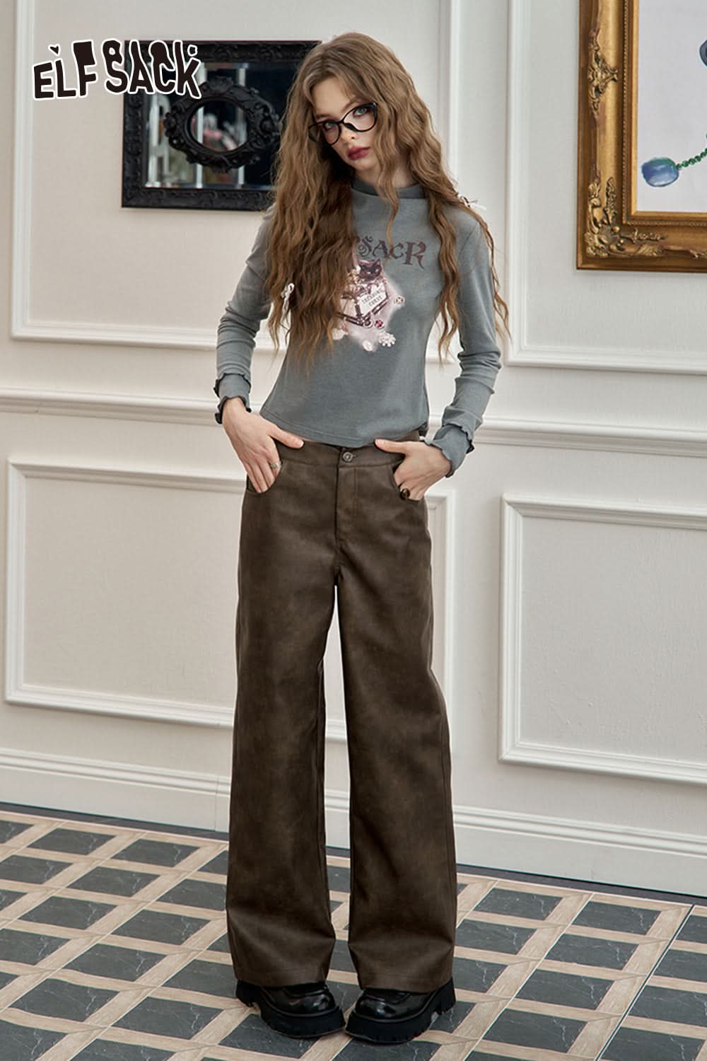 ELFSACK Retro coffee tie dye straight leg leather pants