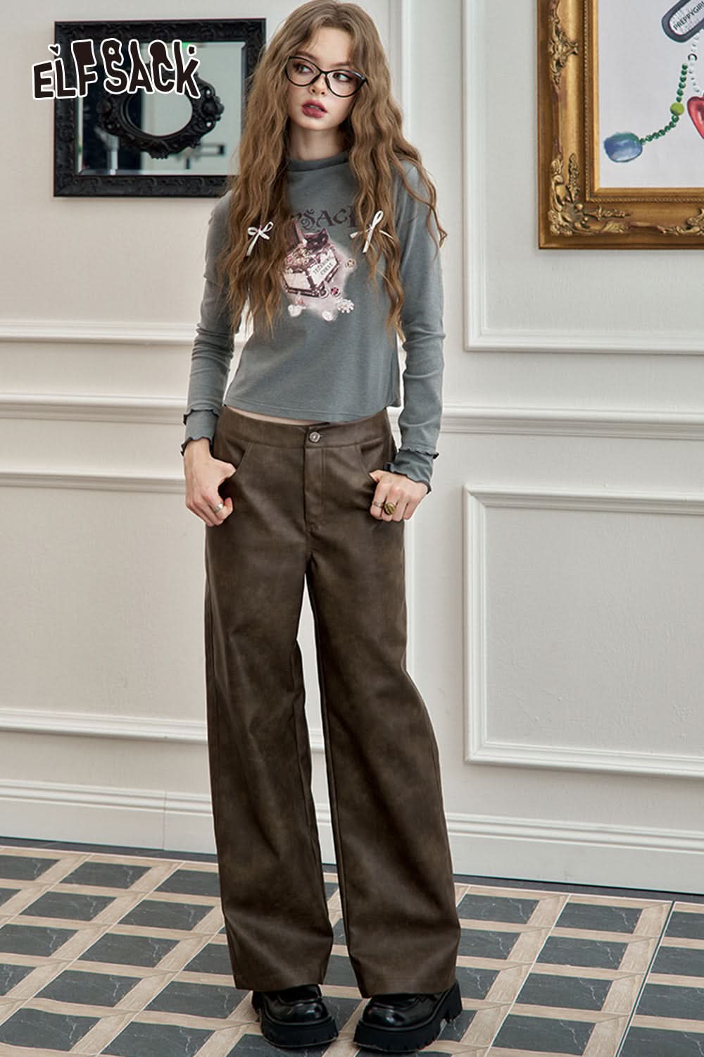 ELFSACK Retro coffee tie dye straight leg leather pants