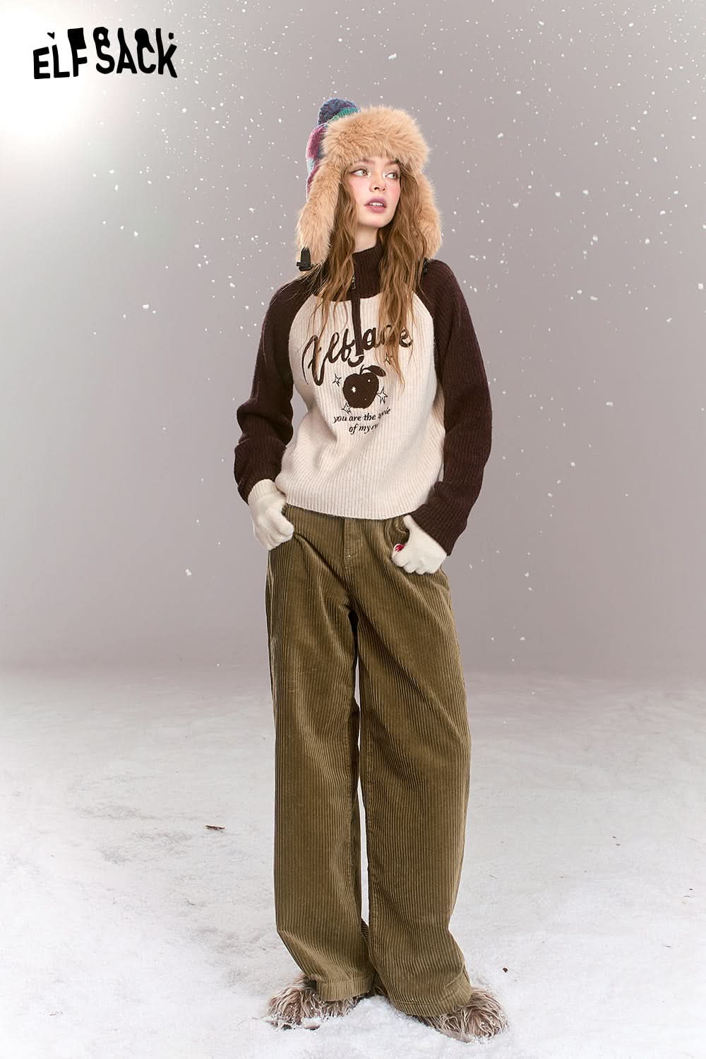 ELFSACK Retro corduroy pants, casual and versatile loose straight pants