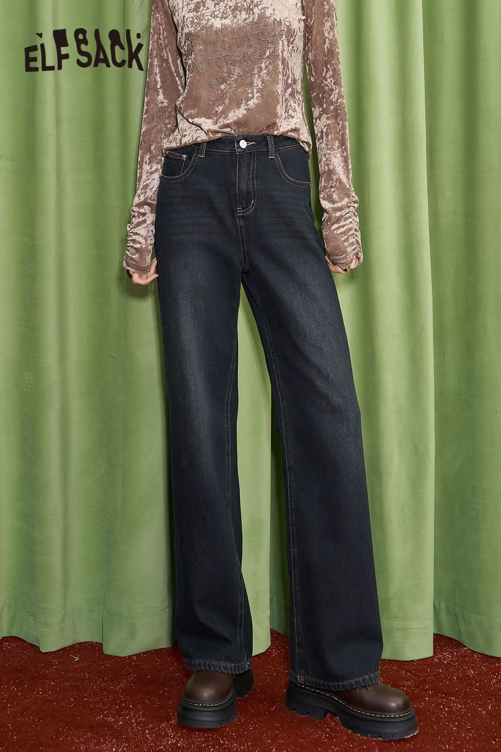 ELFSACK Casual loose black high waisted straight leg jeans