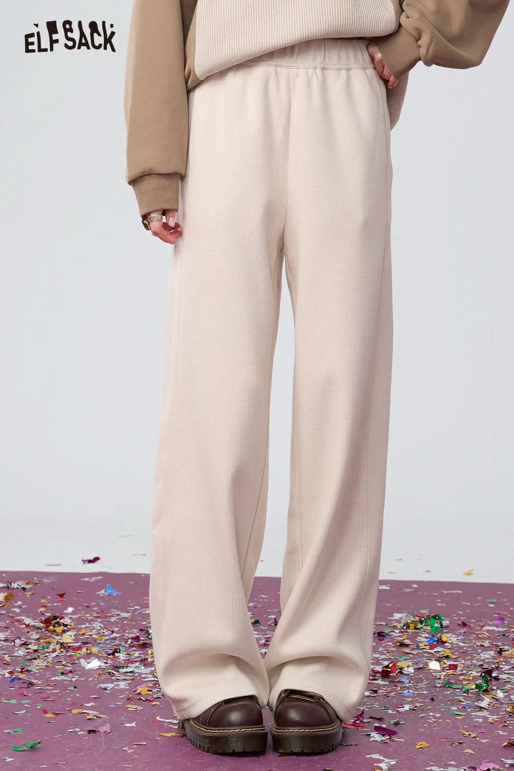 ELFSACK Beige high waist loose straight pants, fashionable and versatile wide-leg pants