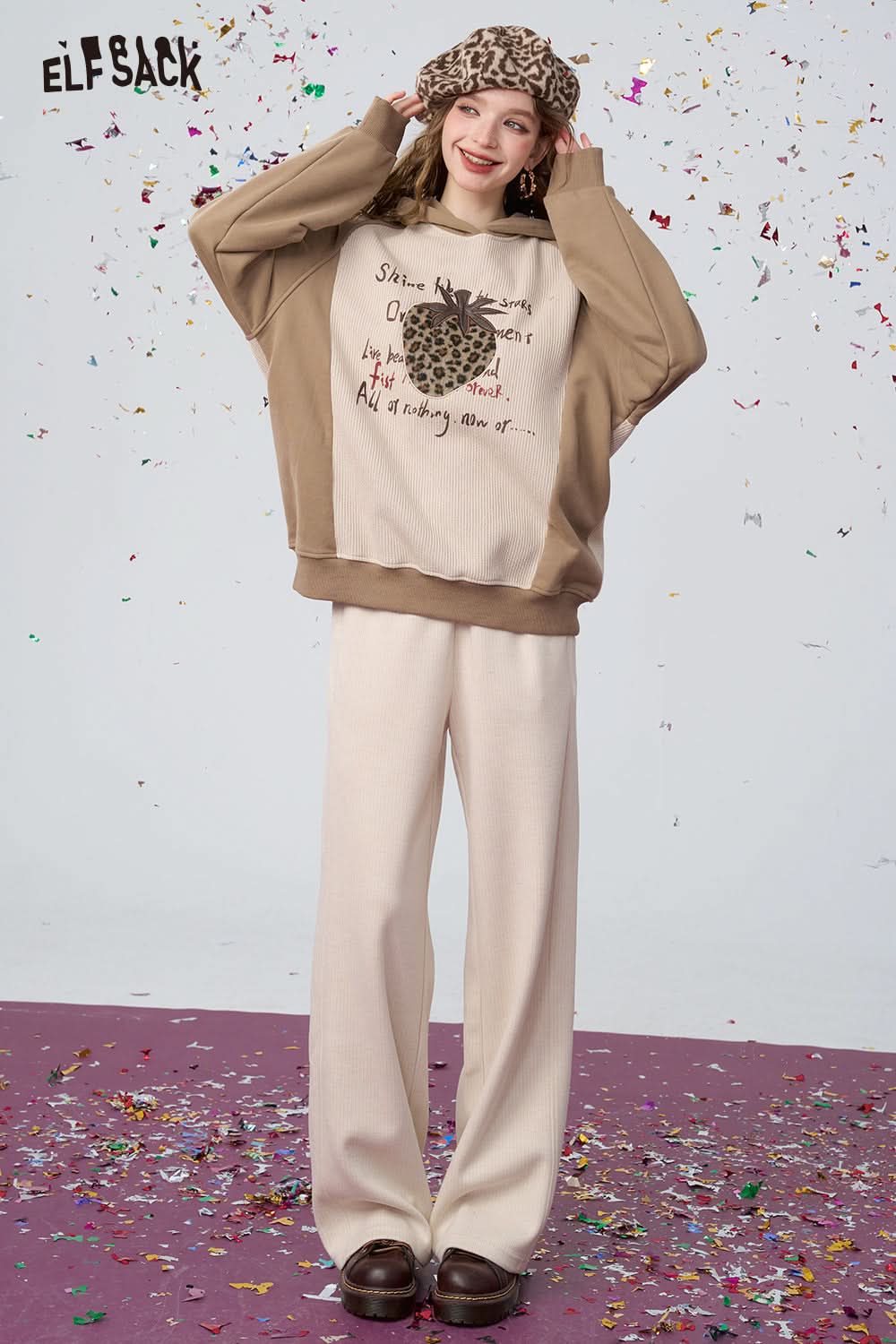 ELFSACK Beige high waist loose straight pants, fashionable and versatile wide-leg pants