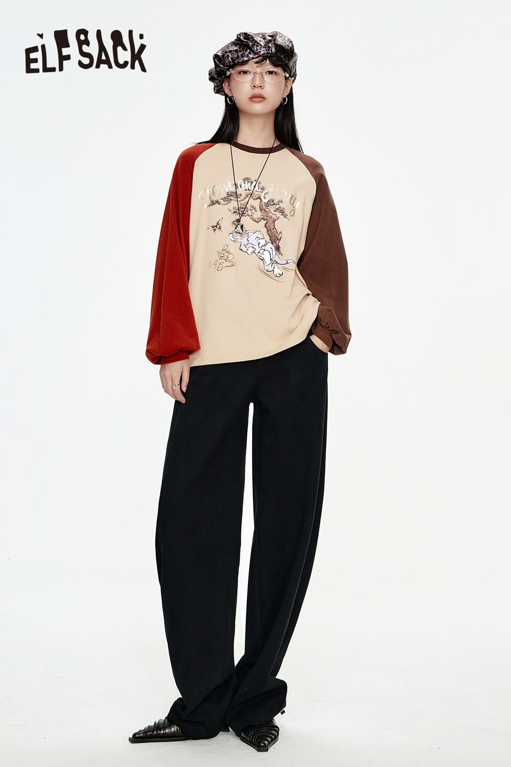 ELFSACK Neo-Chinese style straight casual pants women sports loose pants