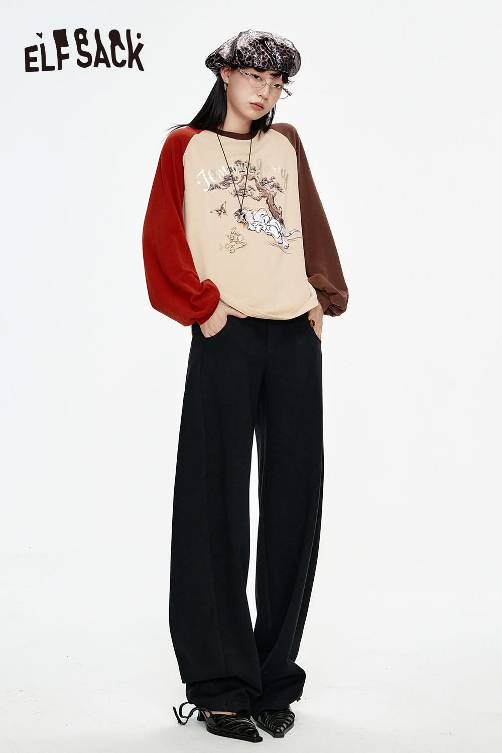 ELFSACK Neo-Chinese style straight casual pants women sports loose pants