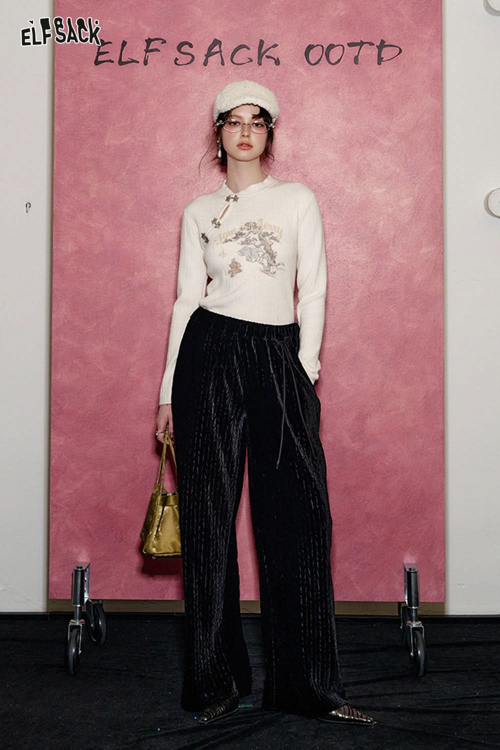 ELFSACK Christmas Red Velvet High Waist Wide Leg Casual Pants Women