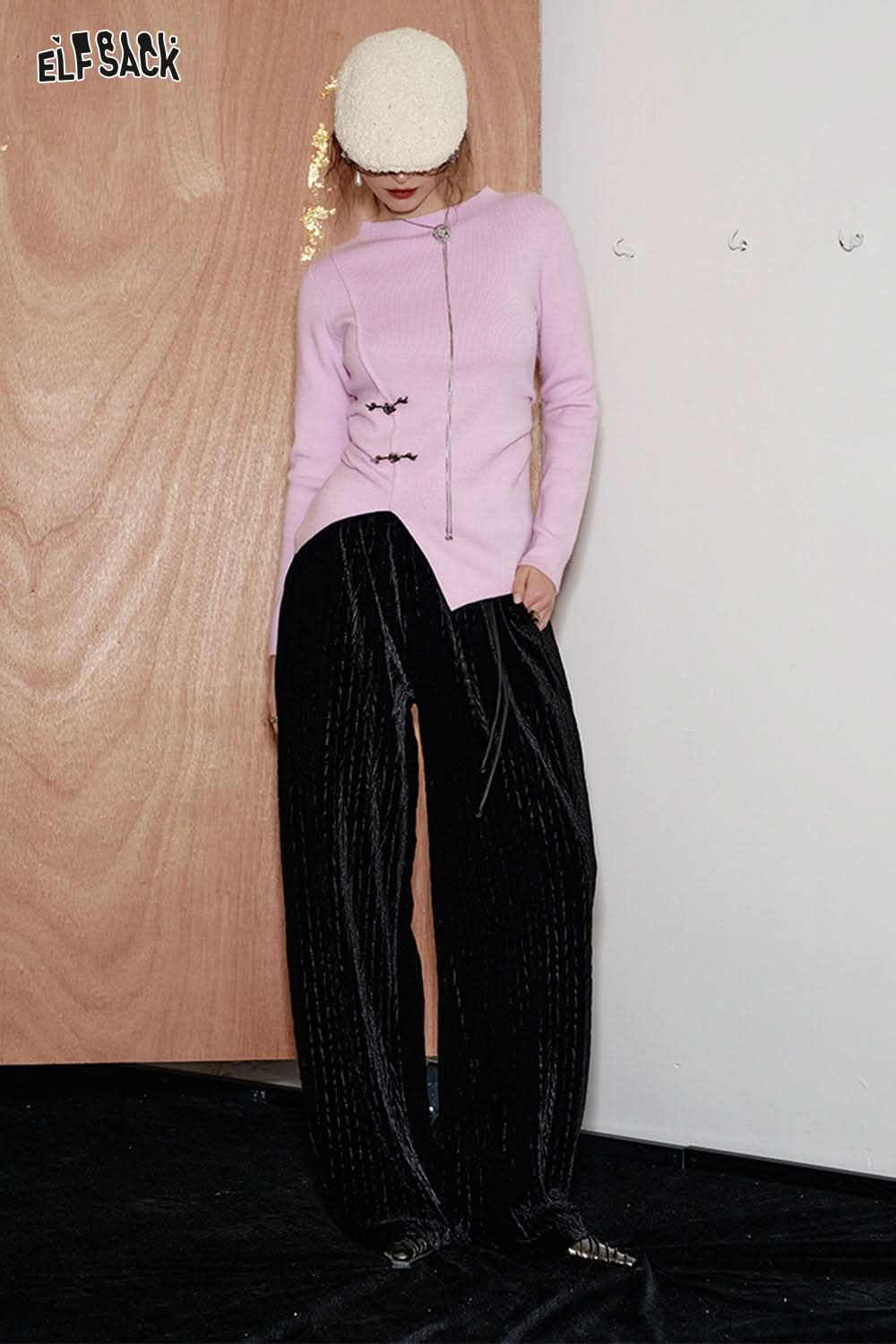 ELFSACK Christmas Red Velvet High Waist Wide Leg Casual Pants Women