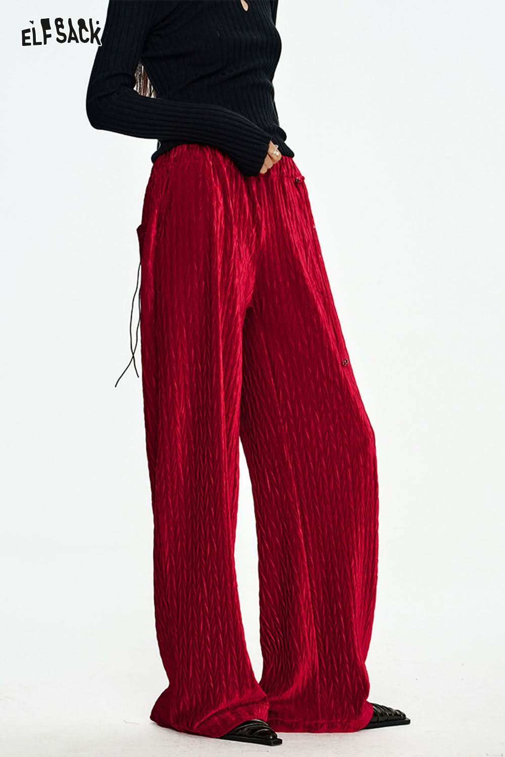 ELFSACK Christmas Red Velvet High Waist Wide Leg Casual Pants Women