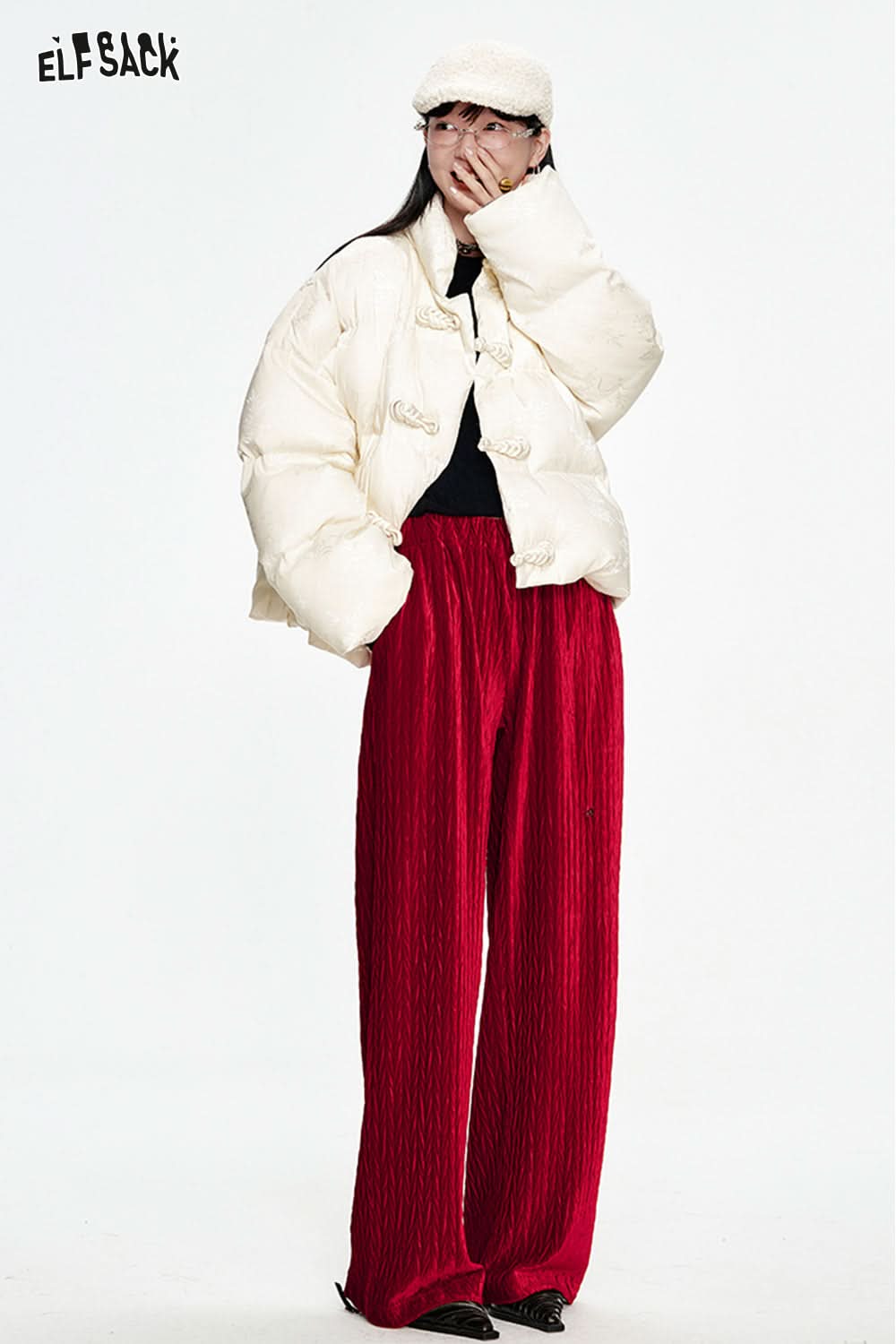 ELFSACK Christmas Red Velvet High Waist Wide Leg Casual Pants Women