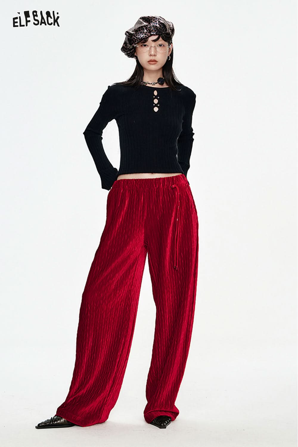 ELFSACK Christmas Red Velvet High Waist Wide Leg Casual Pants Women