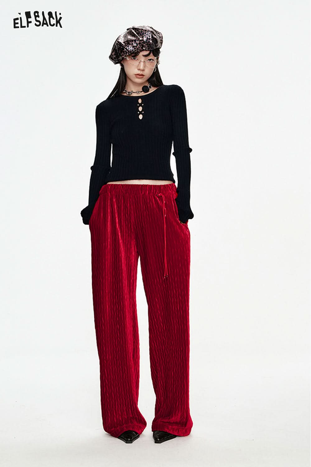 ELFSACK Christmas Red Velvet High Waist Wide Leg Casual Pants Women