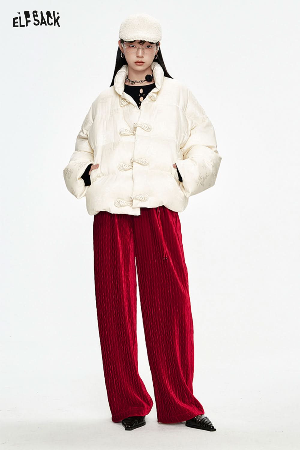 ELFSACK Christmas Red Velvet High Waist Wide Leg Casual Pants Women