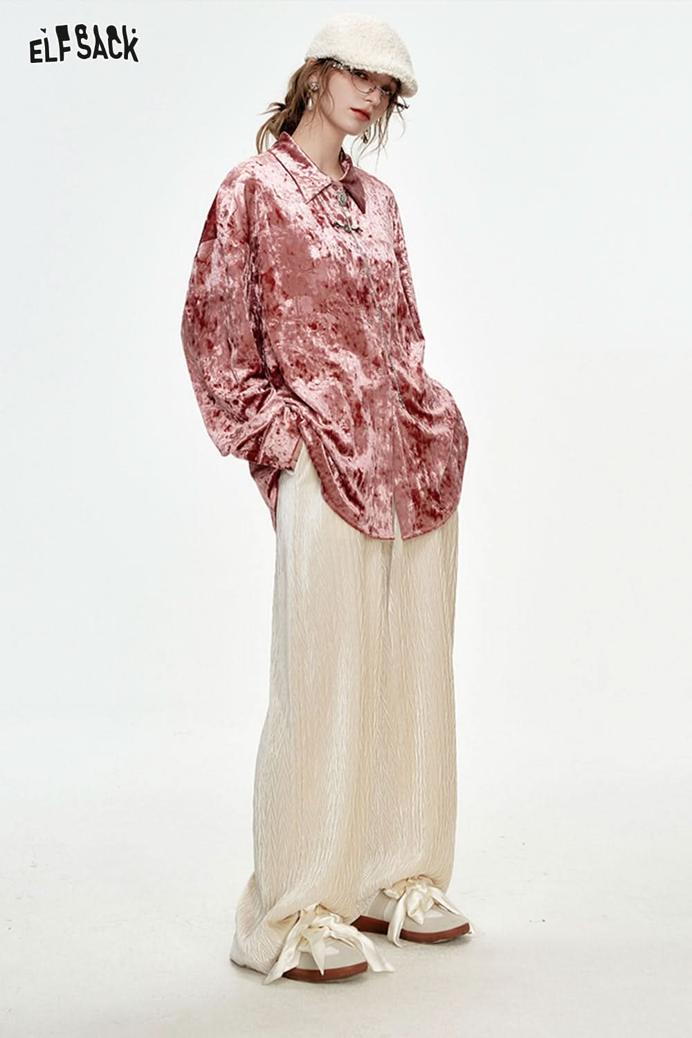 ELFSACK Christmas Red Velvet High Waist Wide Leg Casual Pants Women