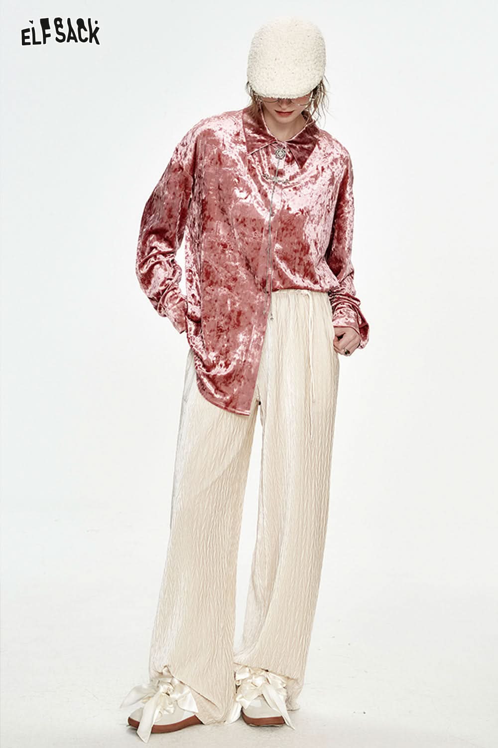 ELFSACK Christmas Red Velvet High Waist Wide Leg Casual Pants Women