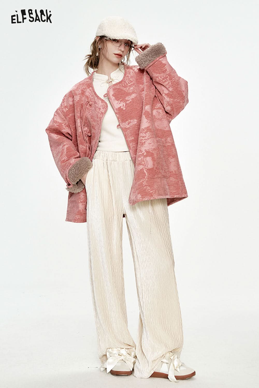 ELFSACK Christmas Red Velvet High Waist Wide Leg Casual Pants Women