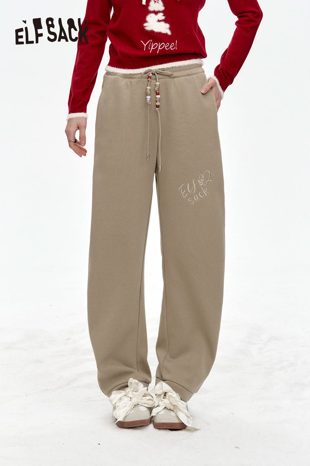 ELFSACK White letter embroidery beaded waist chain plus velvet sports casual pants