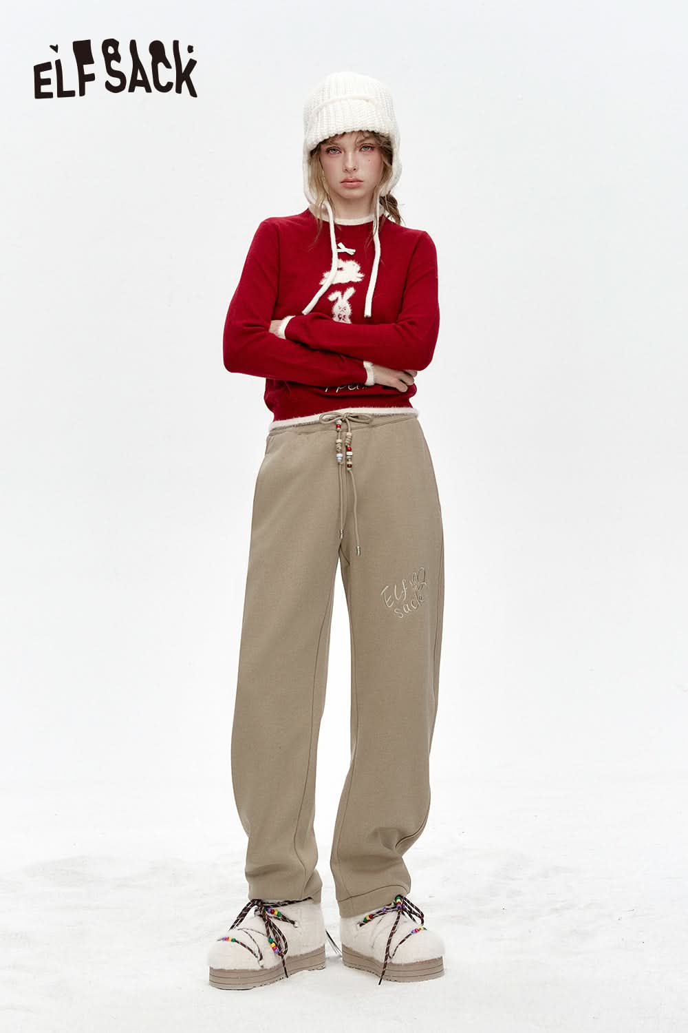 ELFSACK White letter embroidery beaded waist chain plus velvet sports casual pants