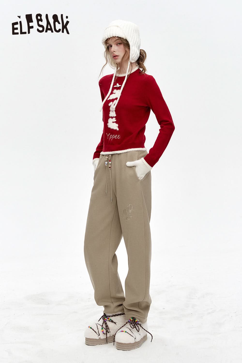 ELFSACK White letter embroidery beaded waist chain plus velvet sports casual pants