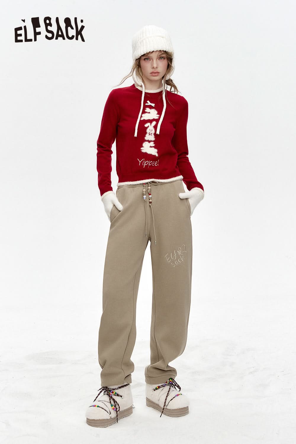 ELFSACK White letter embroidery beaded waist chain plus velvet sports casual pants