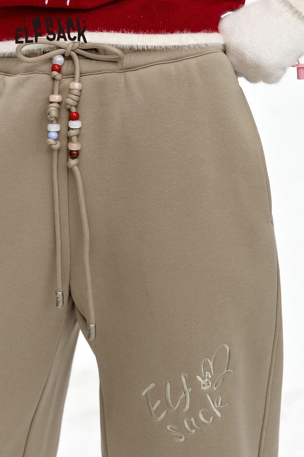 ELFSACK White letter embroidery beaded waist chain plus velvet sports casual pants