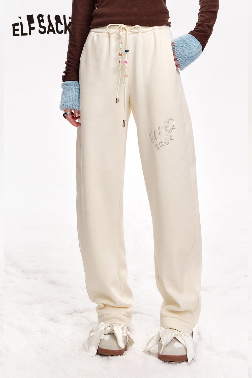 ELFSACK White letter embroidery beaded waist chain plus velvet sports casual pants