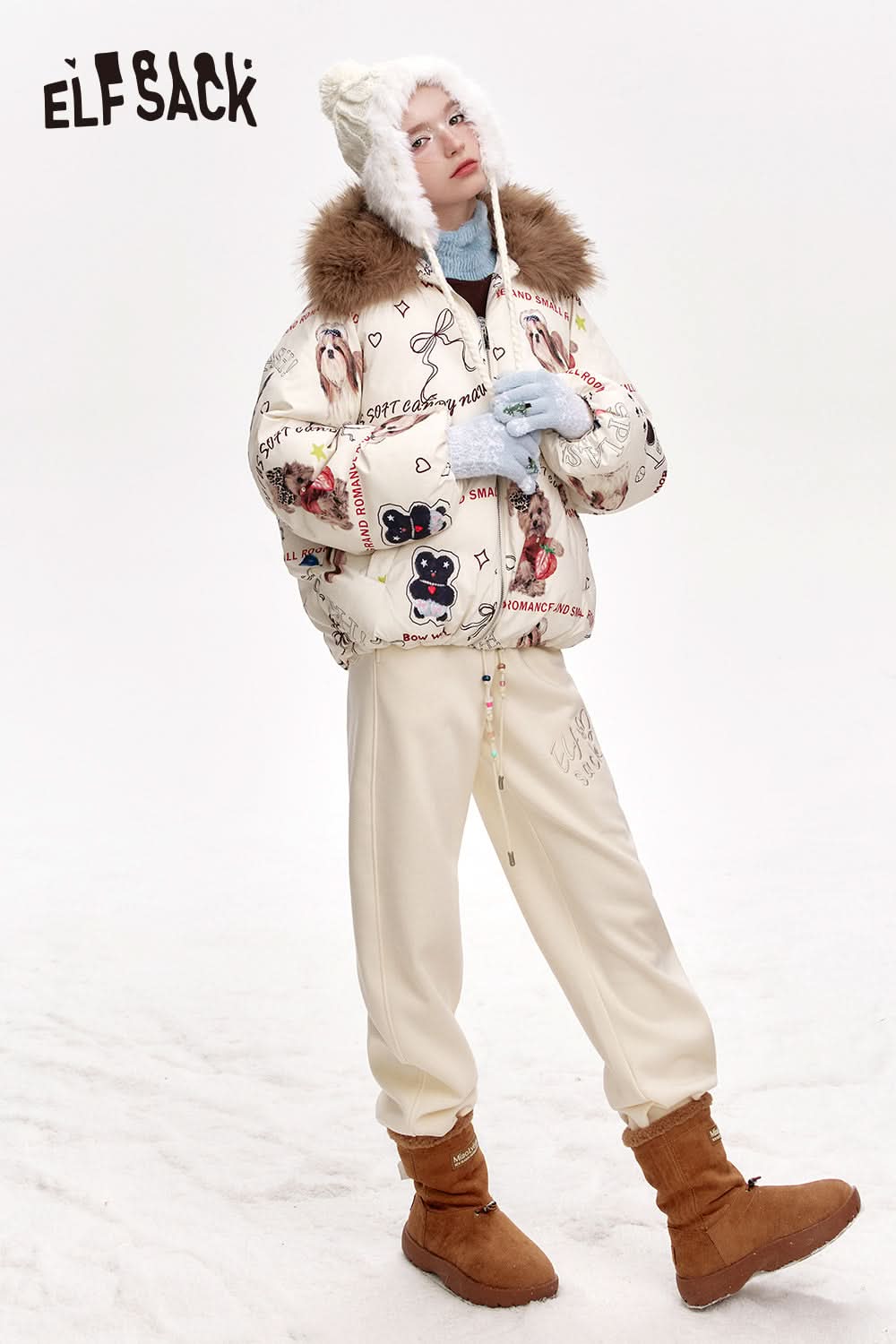 ELFSACK White letter embroidery beaded waist chain plus velvet sports casual pants