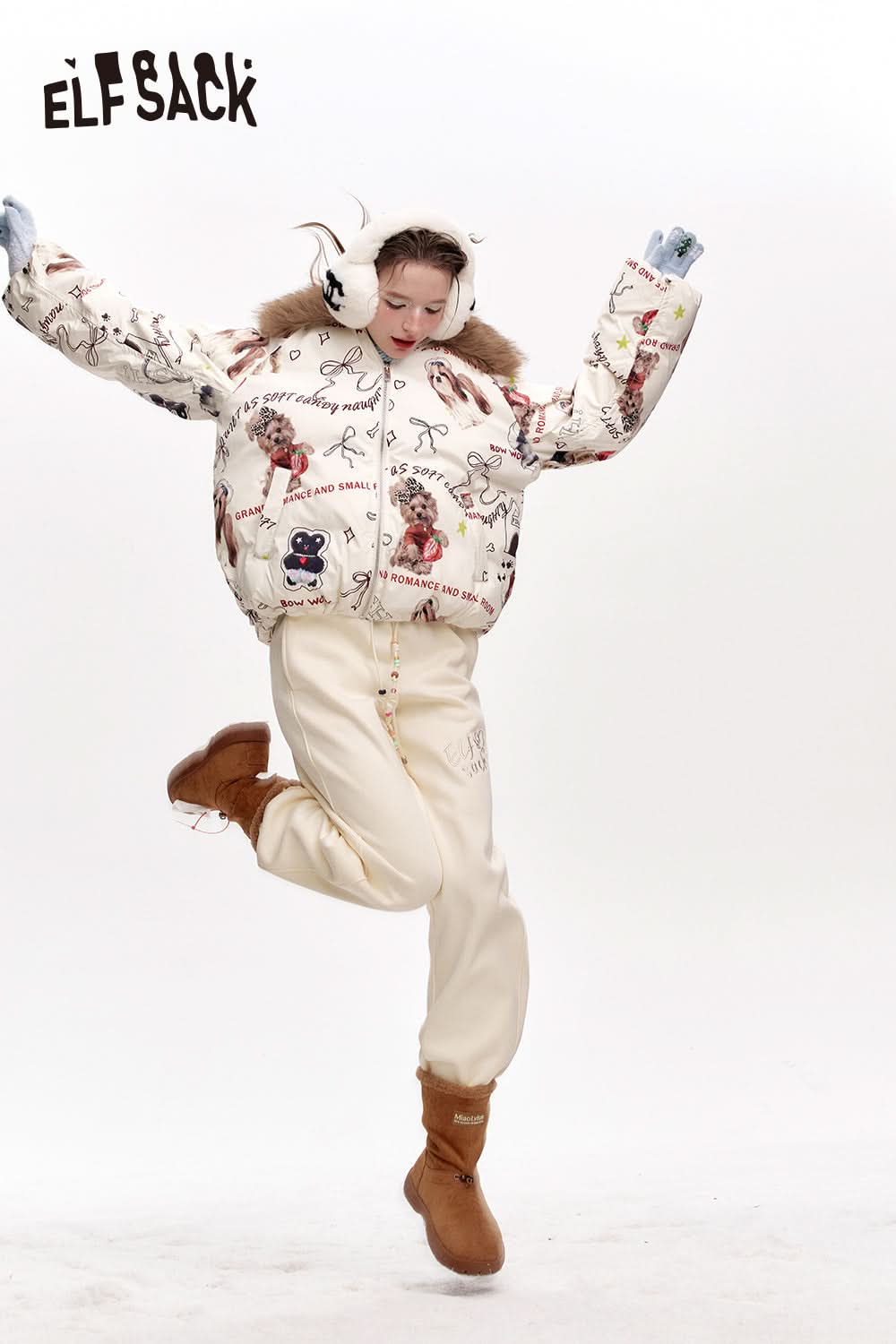 ELFSACK White letter embroidery beaded waist chain plus velvet sports casual pants