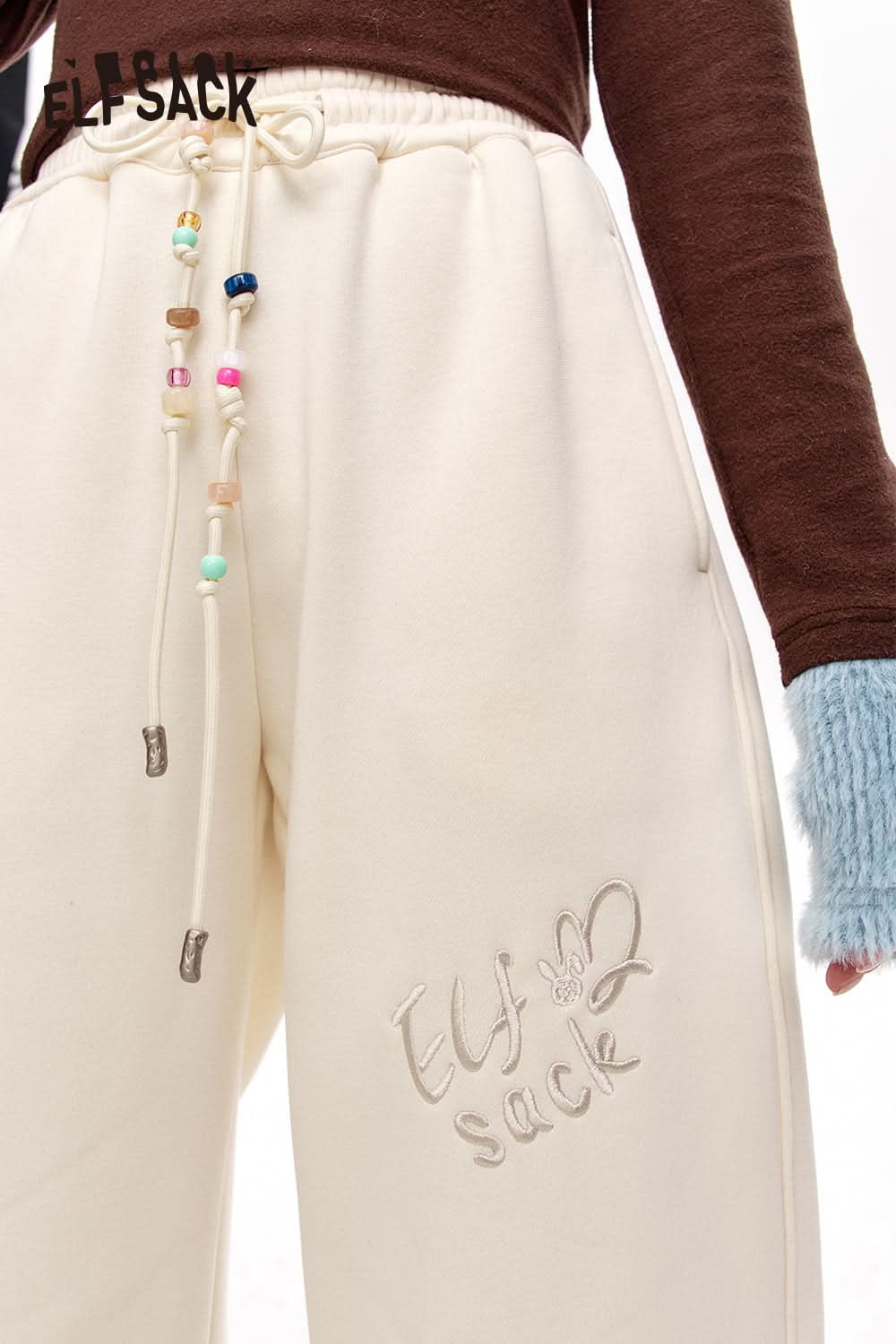 ELFSACK White letter embroidery beaded waist chain plus velvet sports casual pants