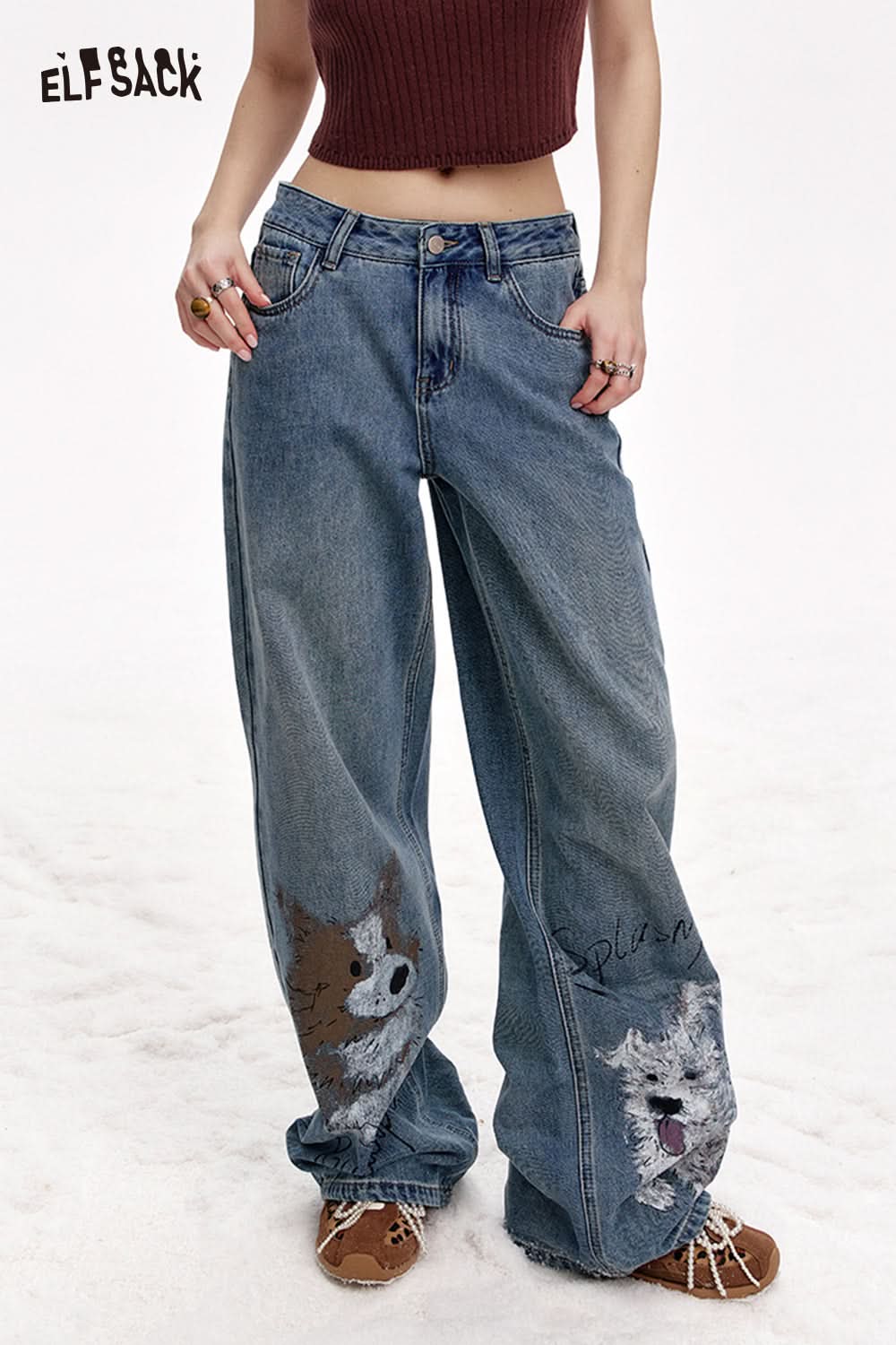 ELFSACK American retro graffiti print loose jeans