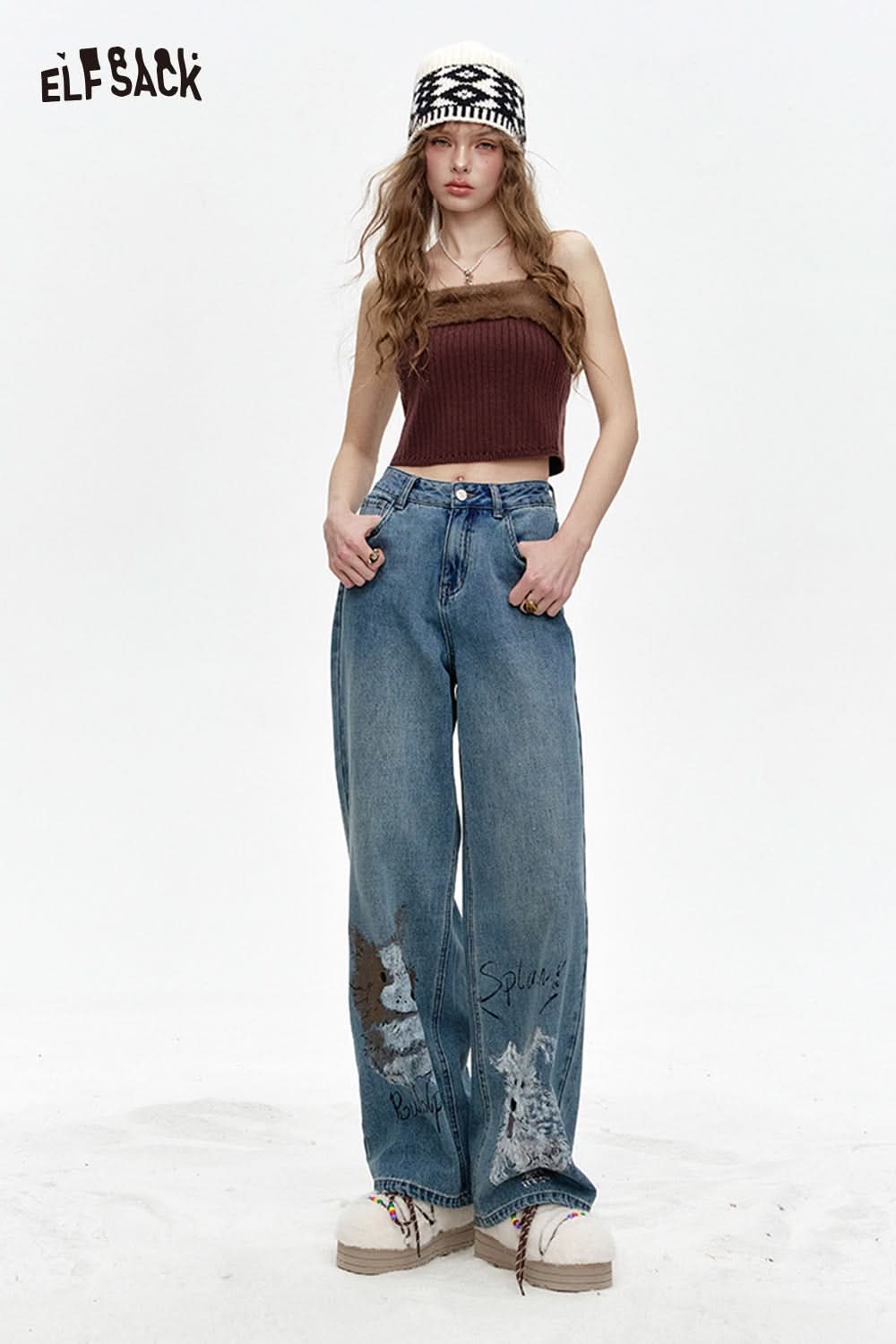ELFSACK American retro graffiti print loose jeans