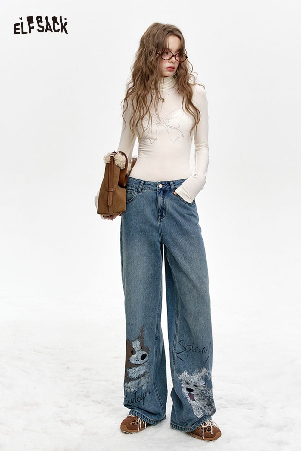 ELFSACK American retro graffiti print loose jeans