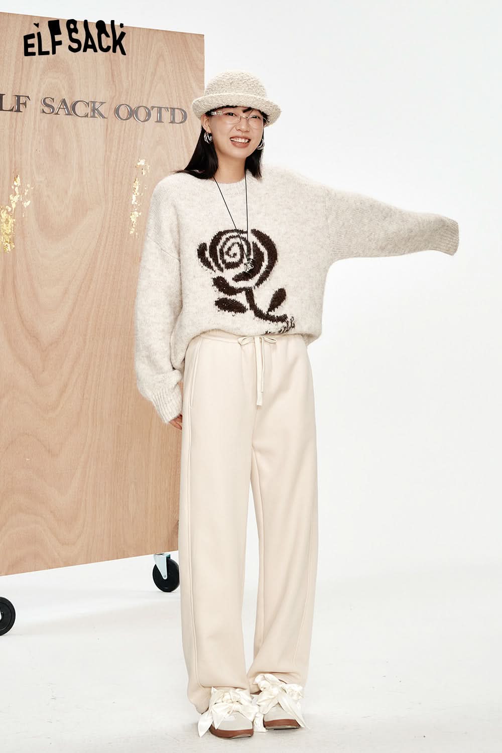 ELFSACK Off-white casual plus velvet soft trousers Loose high waist drawstring trousers