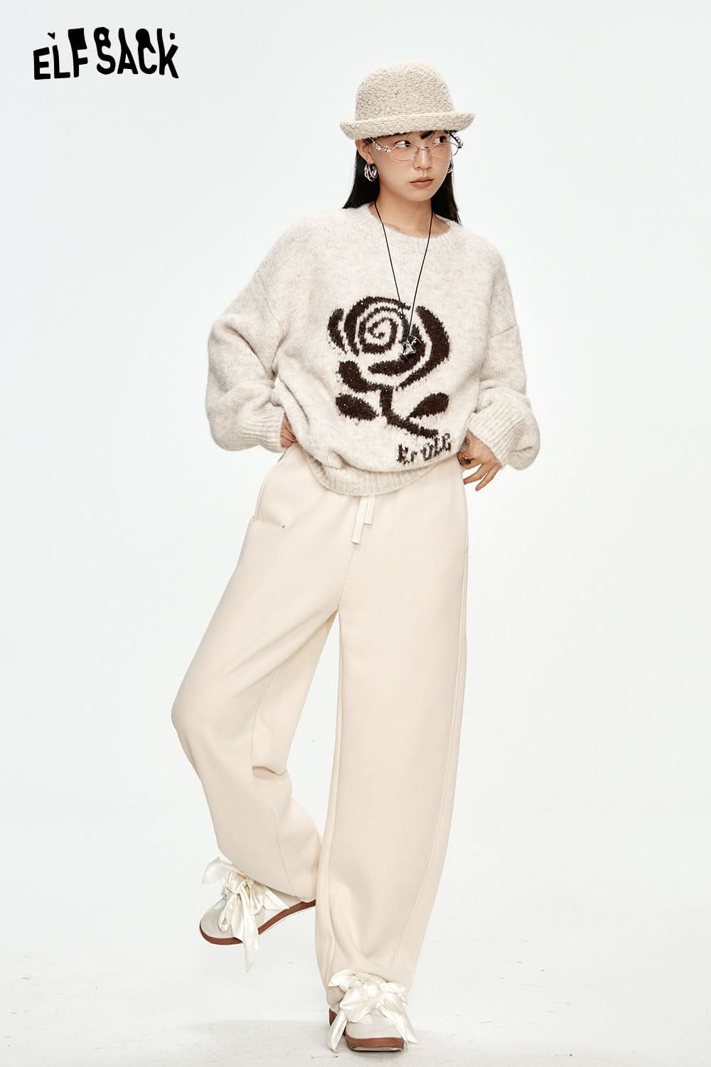 ELFSACK Off-white casual plus velvet soft trousers Loose high waist drawstring trousers