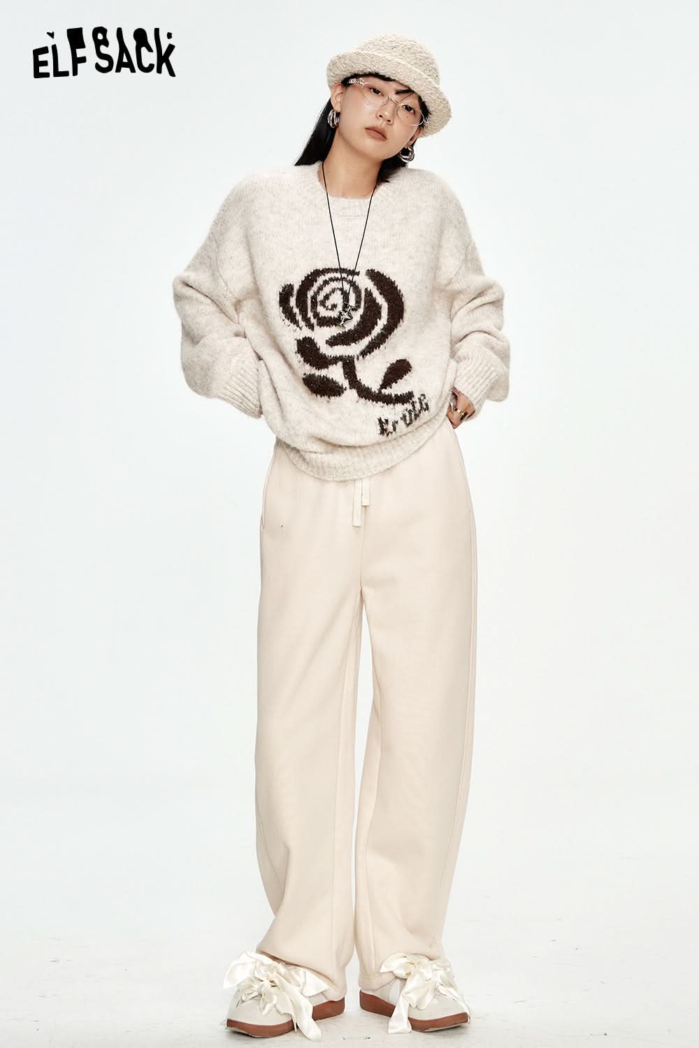 ELFSACK Off-white casual plus velvet soft trousers Loose high waist drawstring trousers