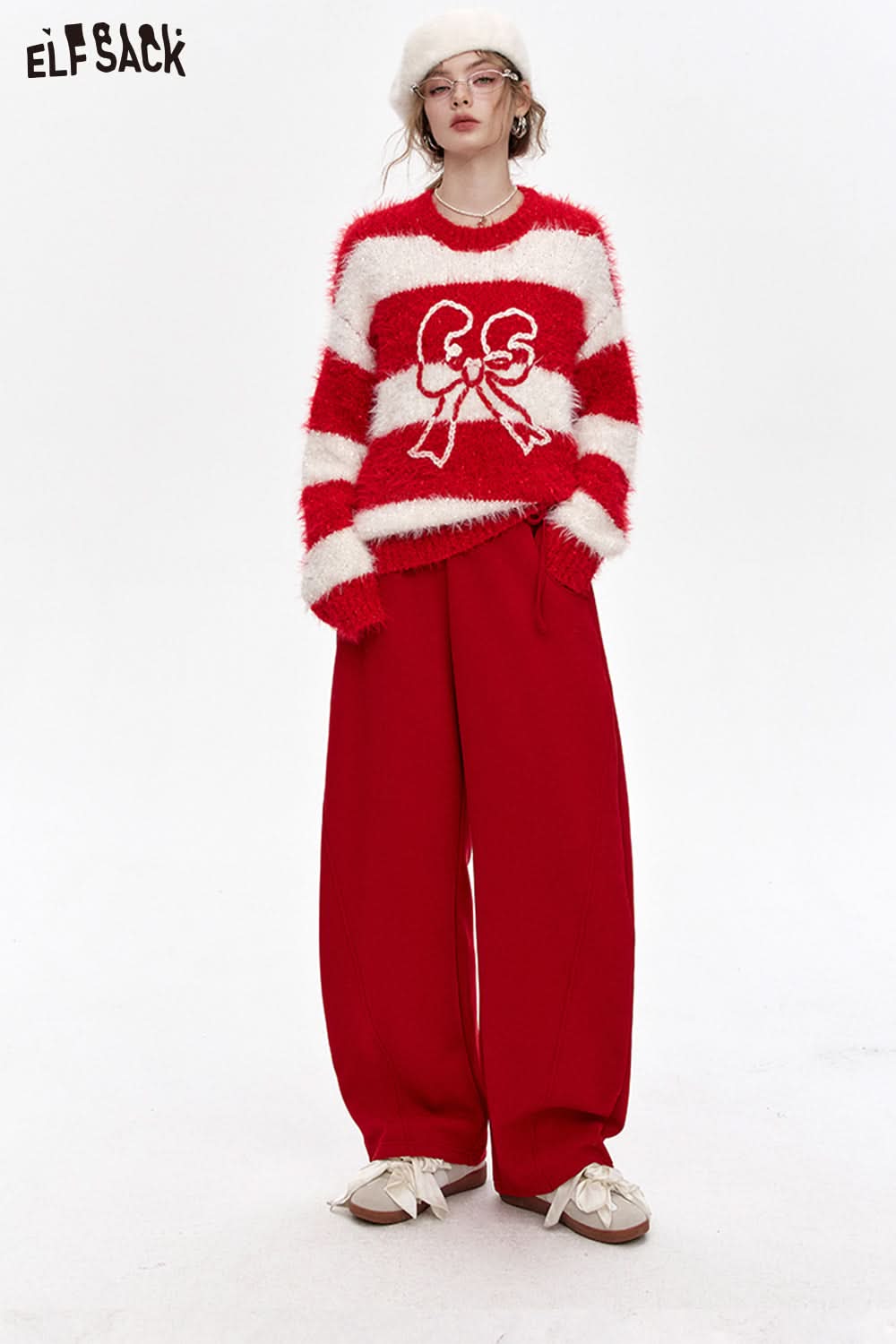 ELFSACK Bowknot Red Sports Plush Casual Sports Pants