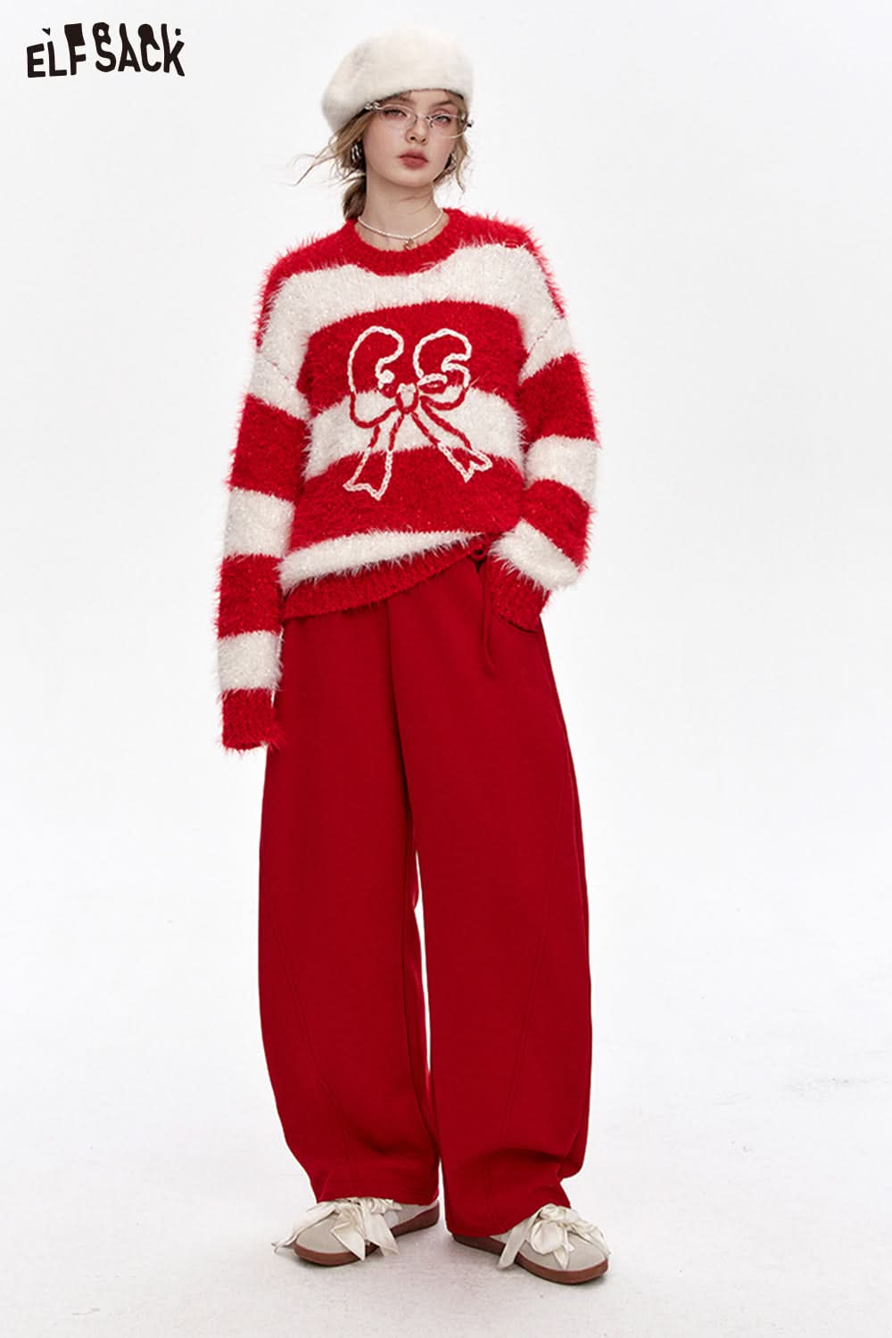 ELFSACK Bowknot Red Sports Plush Casual Sports Pants