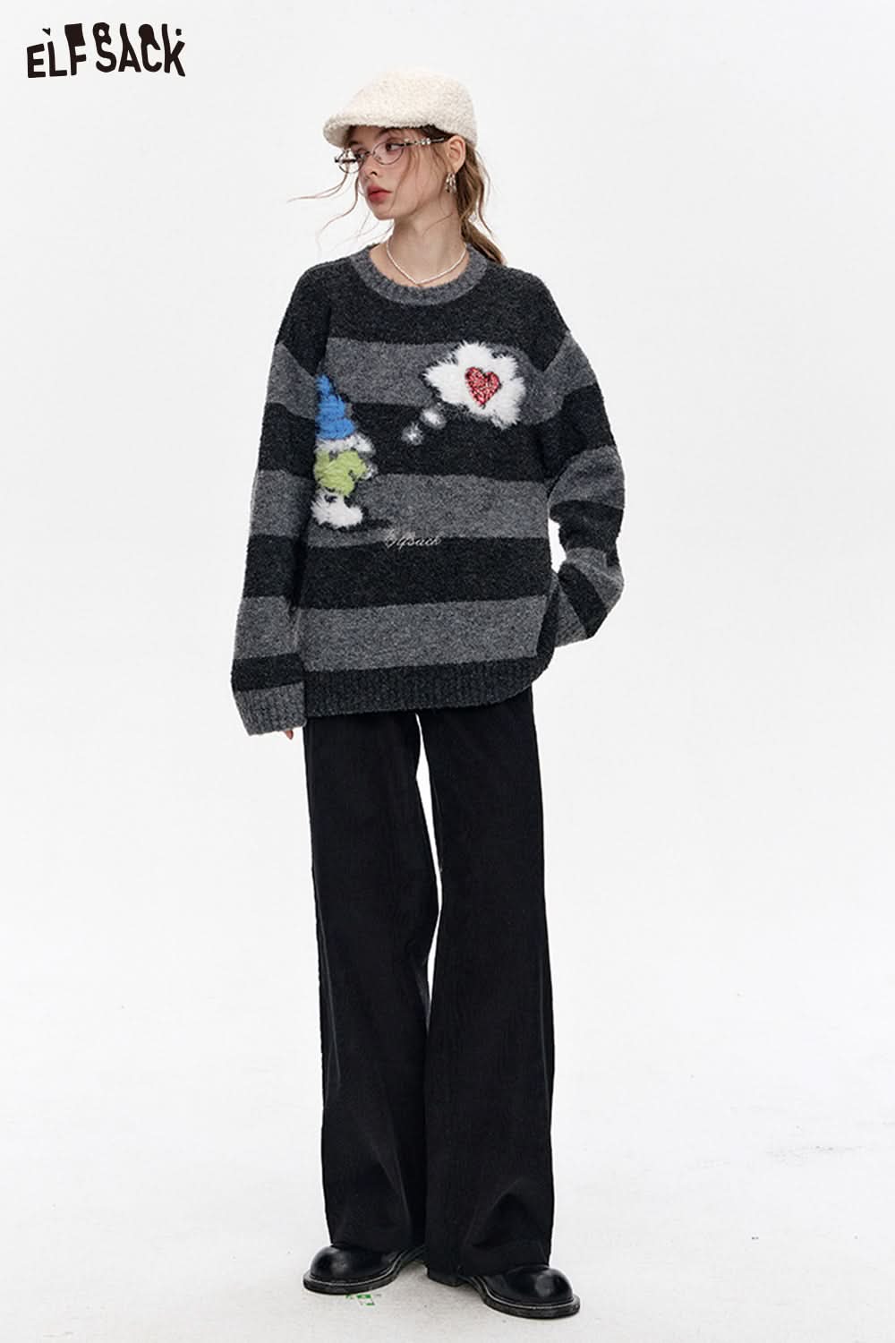 ELFSACK Black simple corduroy wide-leg casual pants